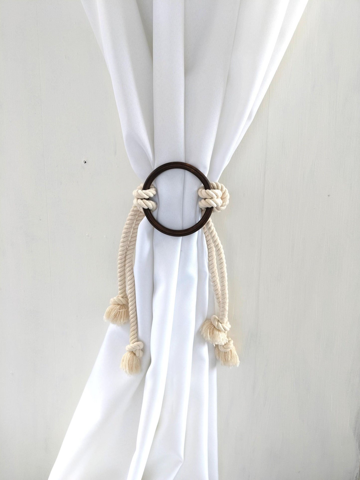 White Cotton Rope Curtain Tieback - Dark Wooden Ring Boho Holdback