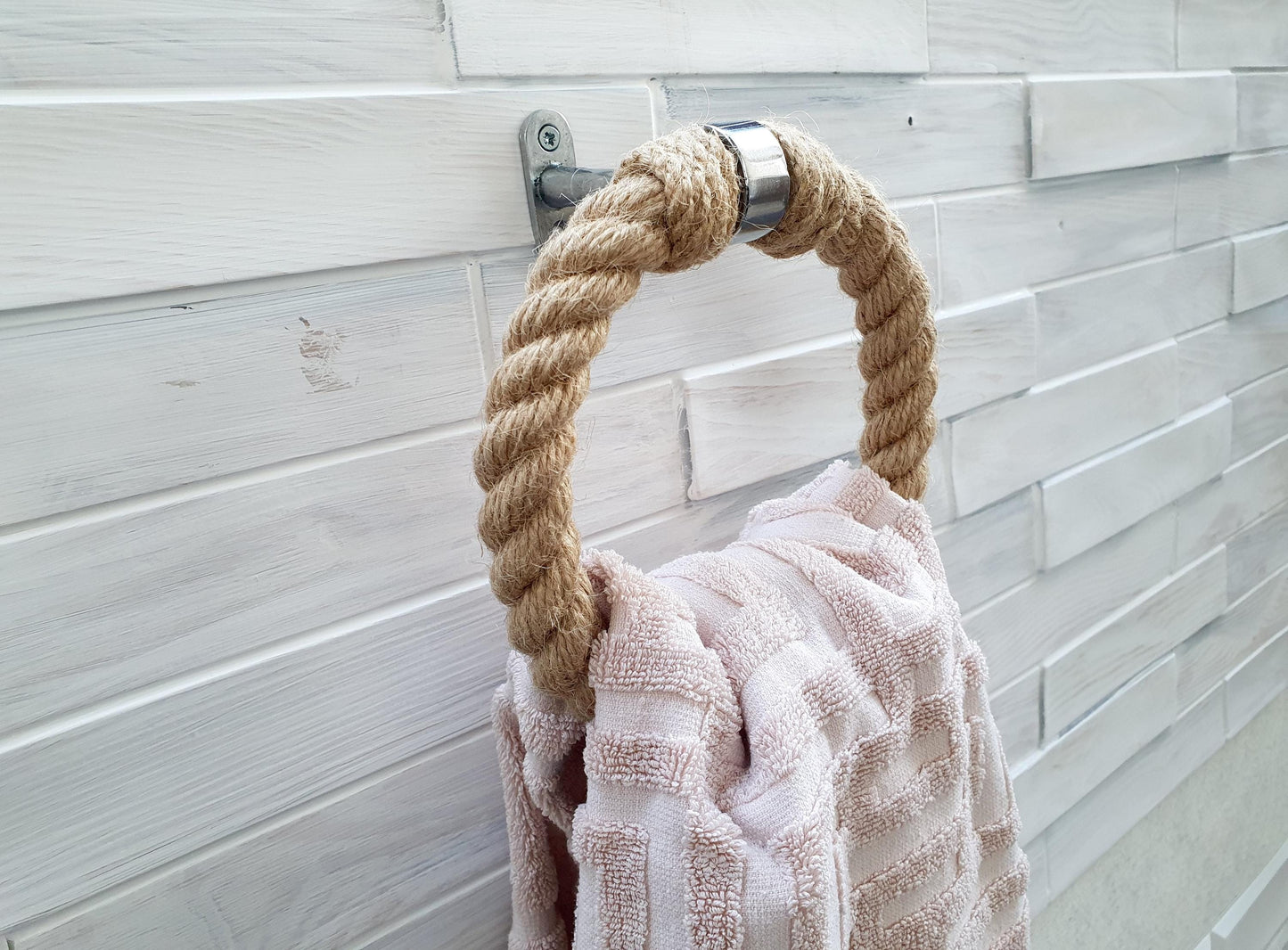 Handmade Jute Rope Towel Ring - Chrome Hardware Bathroom Holder