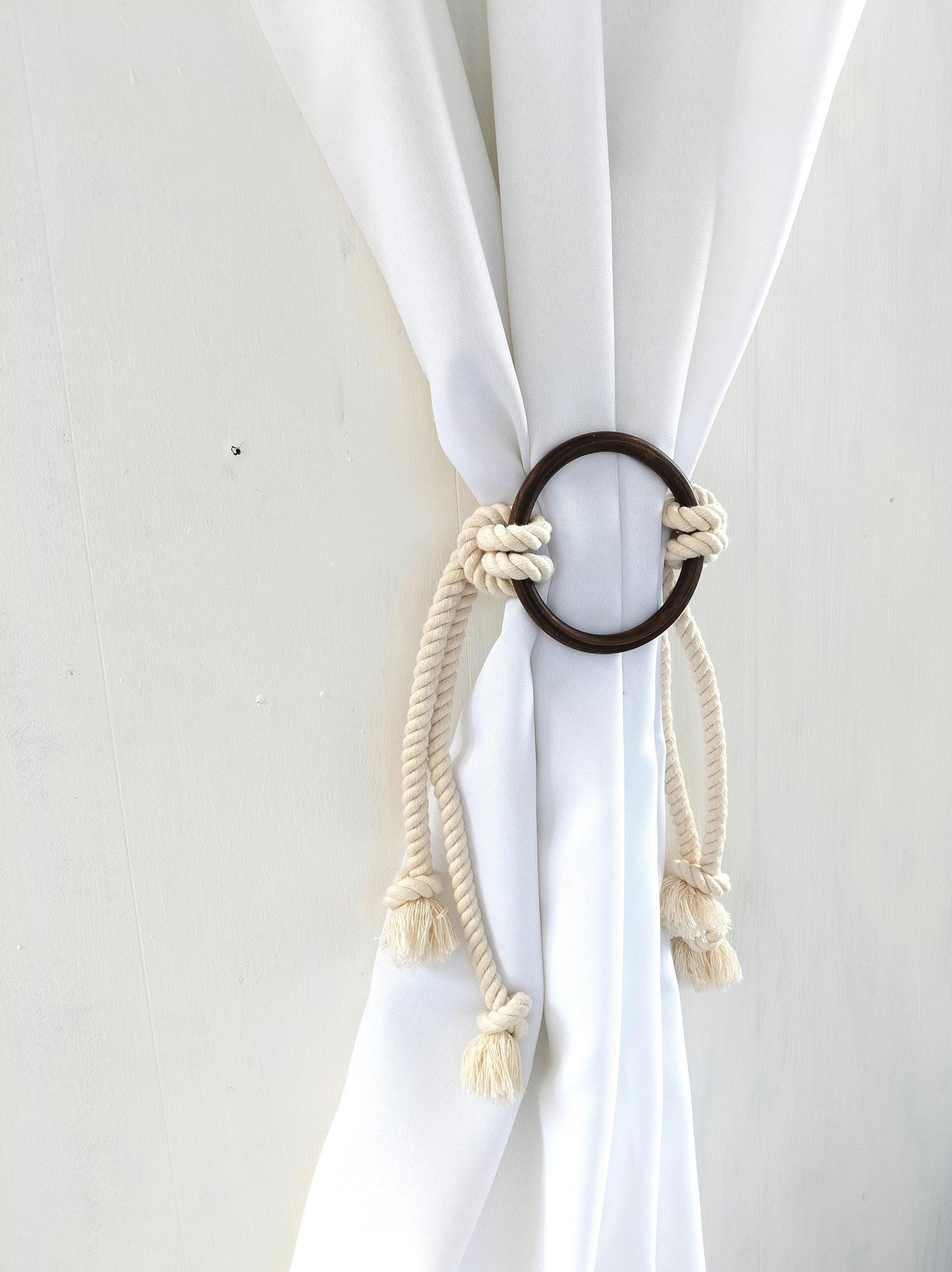 White Cotton Rope Curtain Tieback - Dark Wooden Ring Boho Holdback