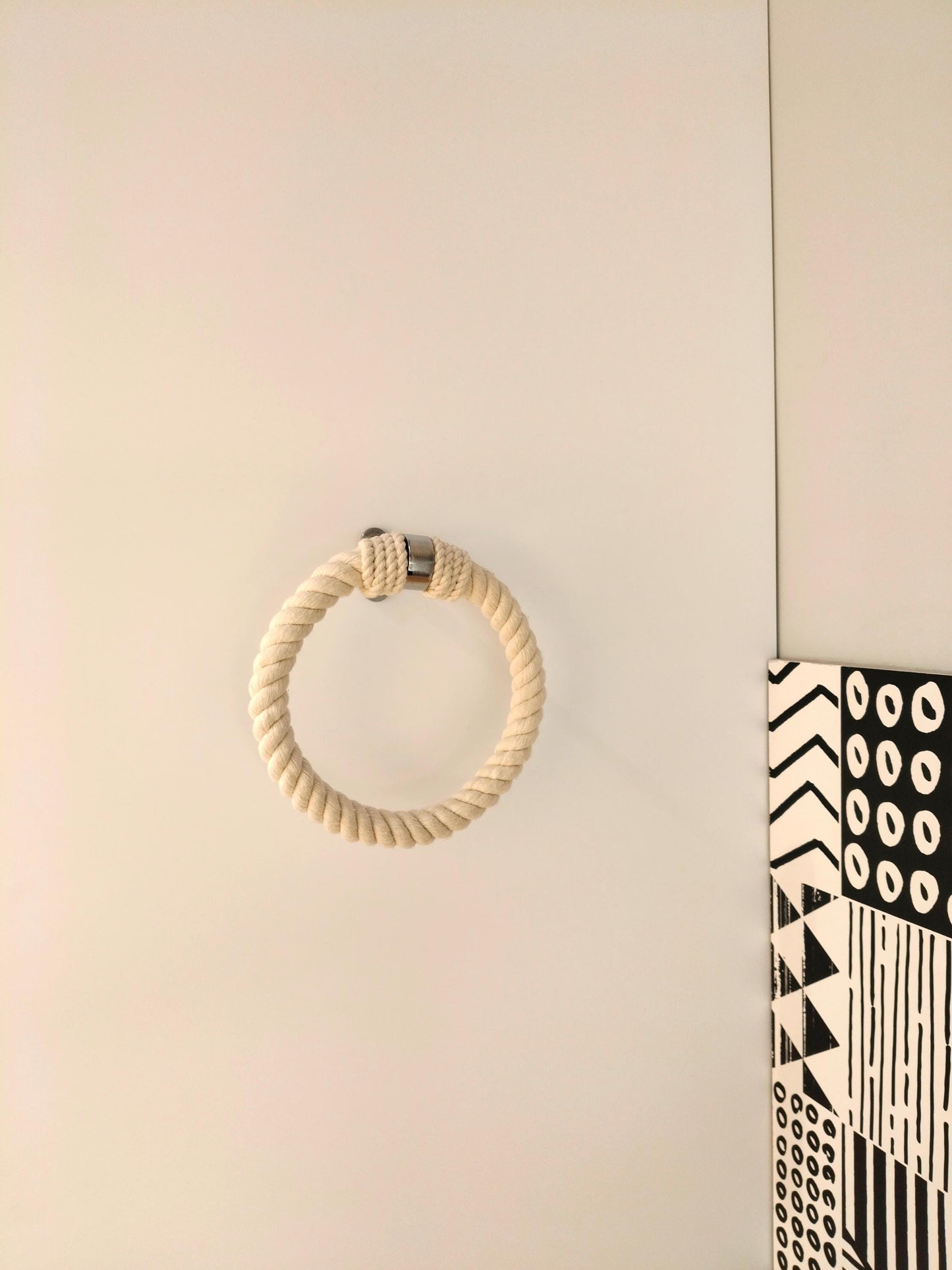 Handmade Round Rope Towel Ring - White Cotton & Chrome Wall Mount
