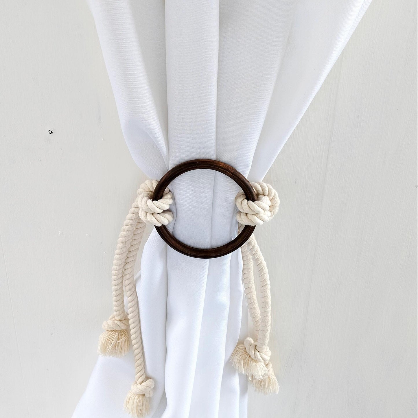 White Cotton Rope Curtain Tieback - Dark Wooden Ring Boho Holdback