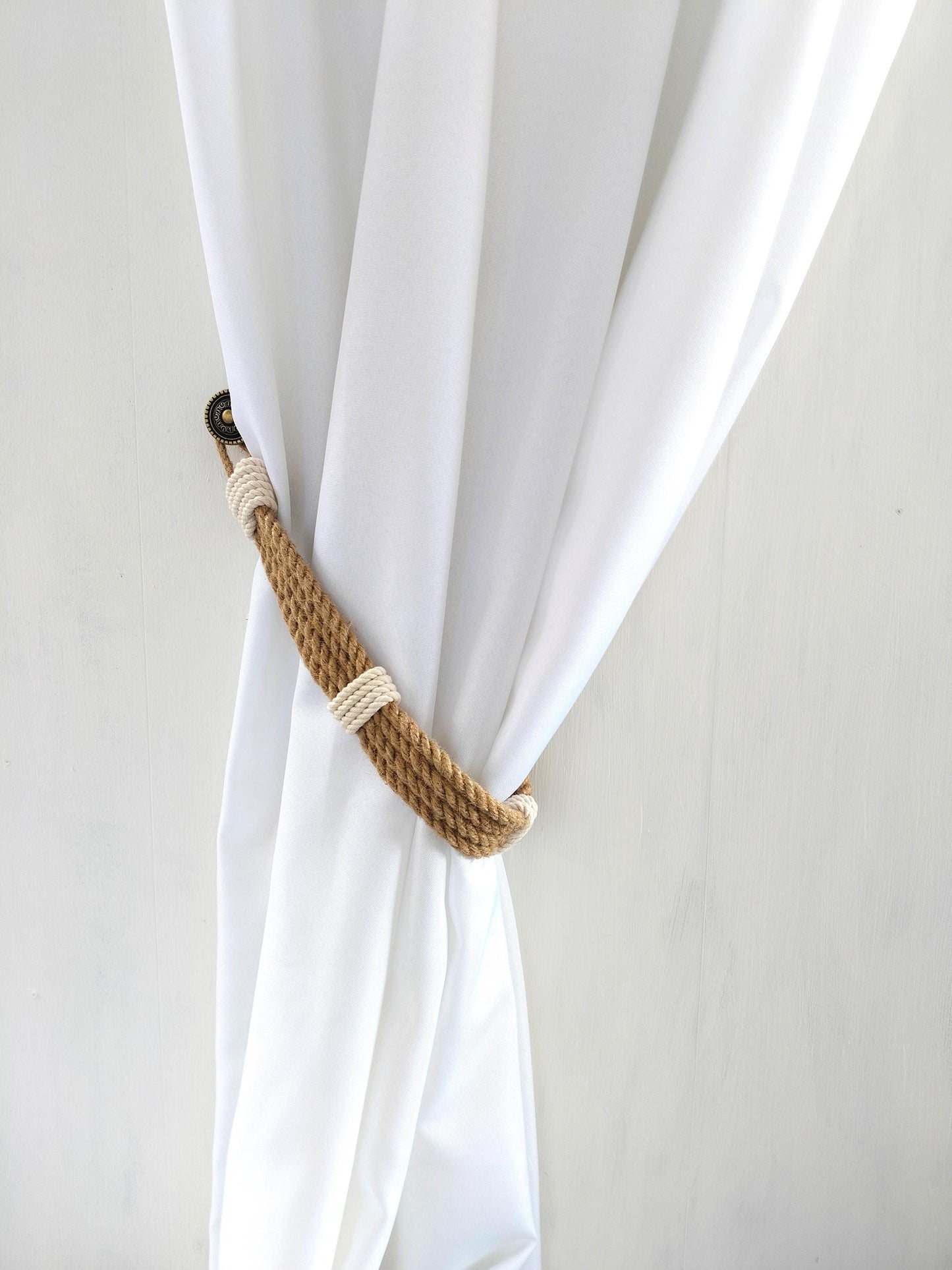 Curtain Tie Backs - Handmade Jute Curtain Holdback with White Wrap