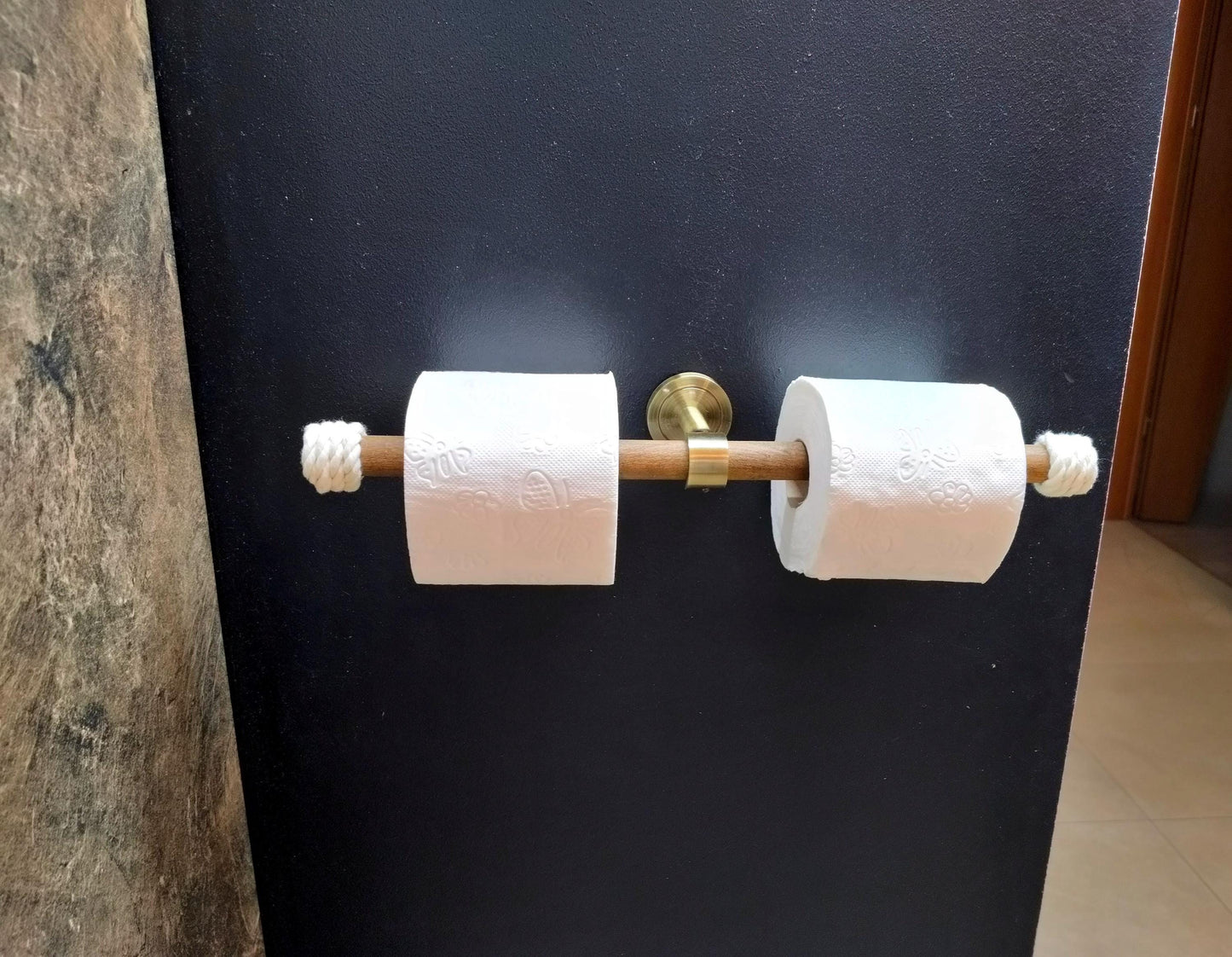 Toilet Paper Holder - Double Wood Rod & Brass Wall Mount