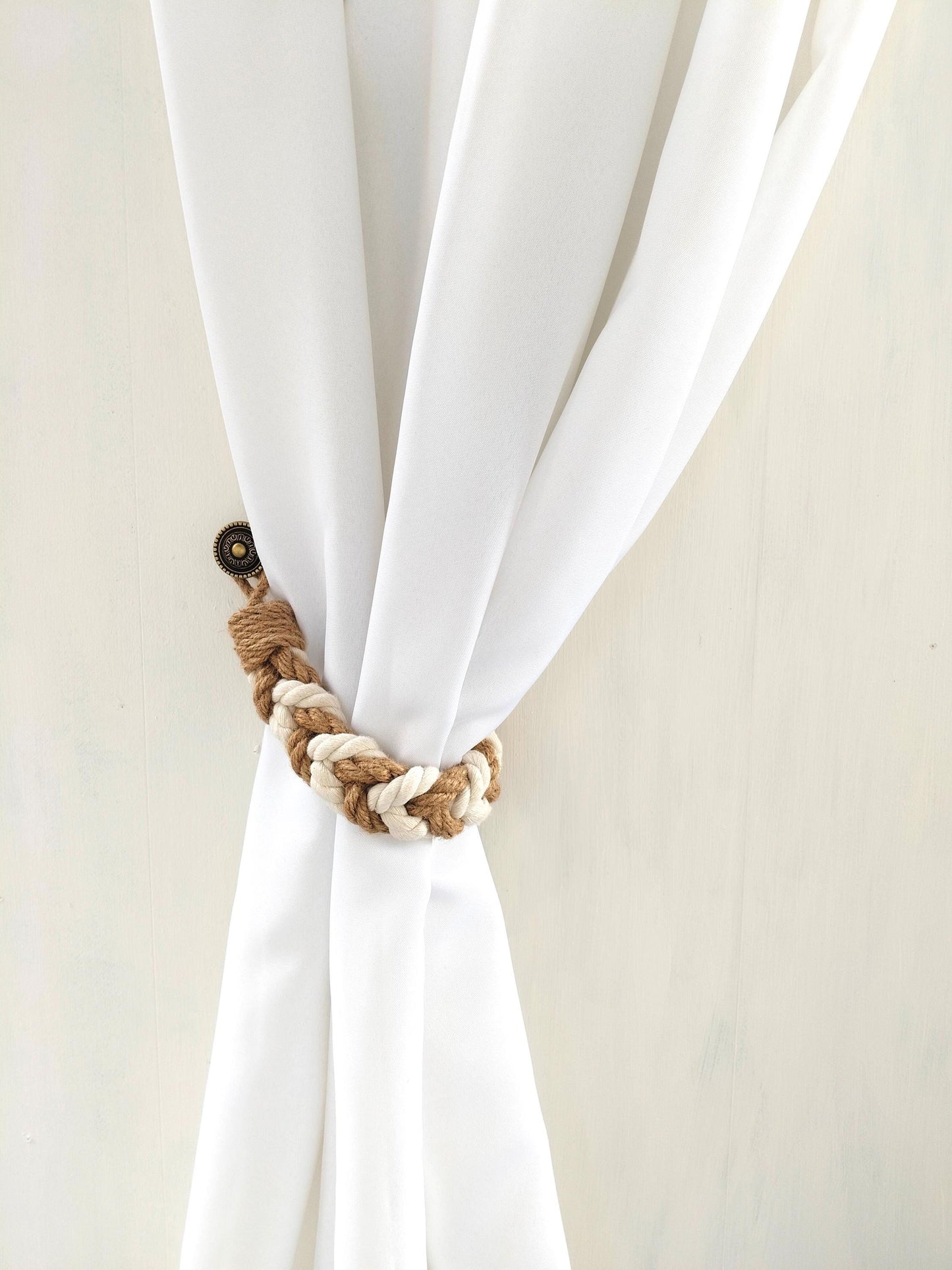 Handmade Jute Curtain Tieback - White Rope Nautical Holdback