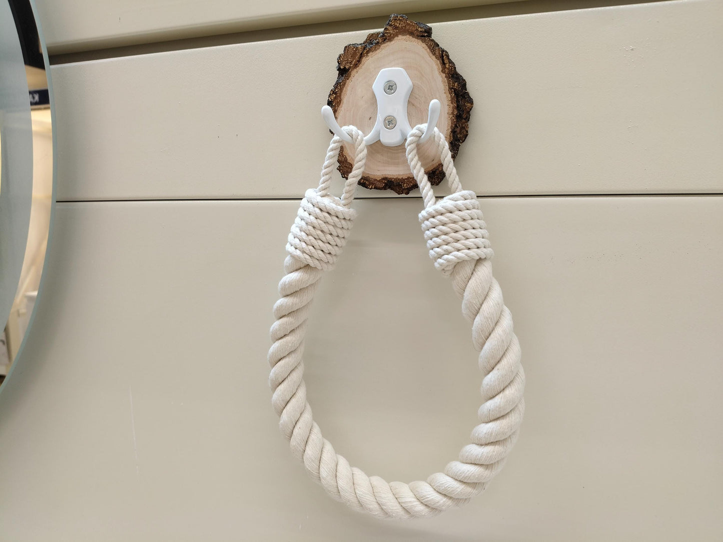 Handmade Rope Towel Holder - Wood Slice Accent Boho Bathroom Decor