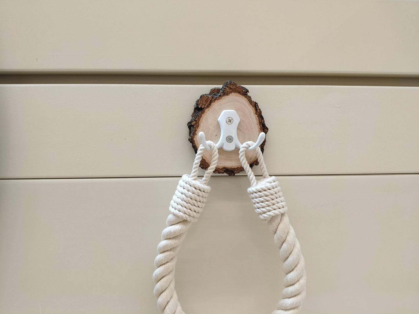 Handmade Rope Towel Holder - Wood Slice Accent Boho Bathroom Decor