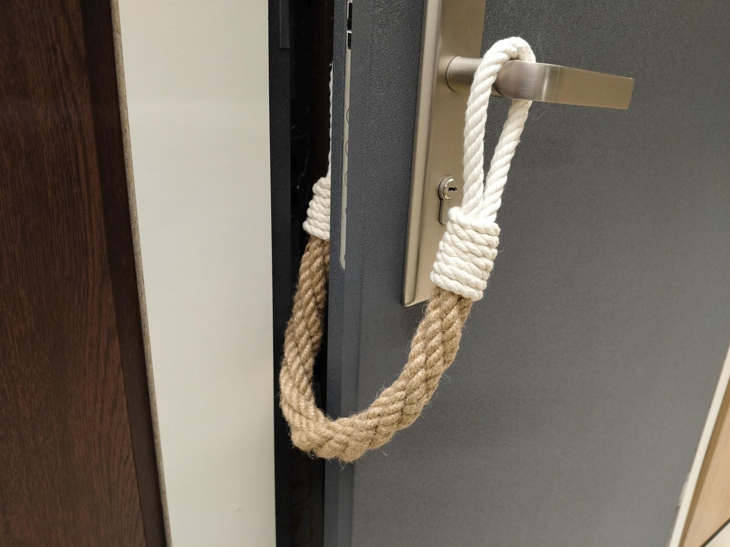 Handmade Jute Rope Door Stopper - White Loops Nautical Weighted Doorstop