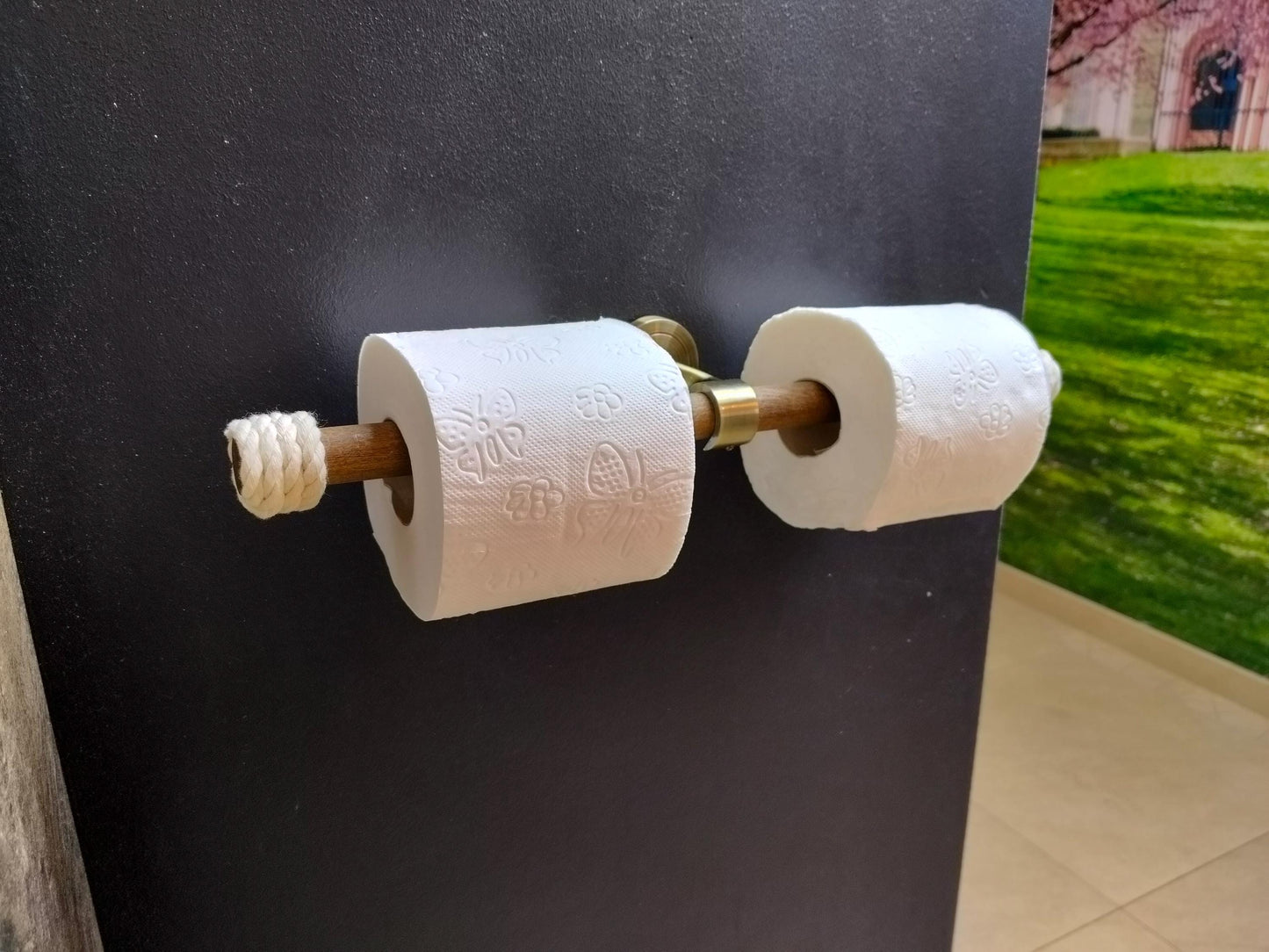Toilet Paper Holder - Double Wood Rod & Brass Wall Mount