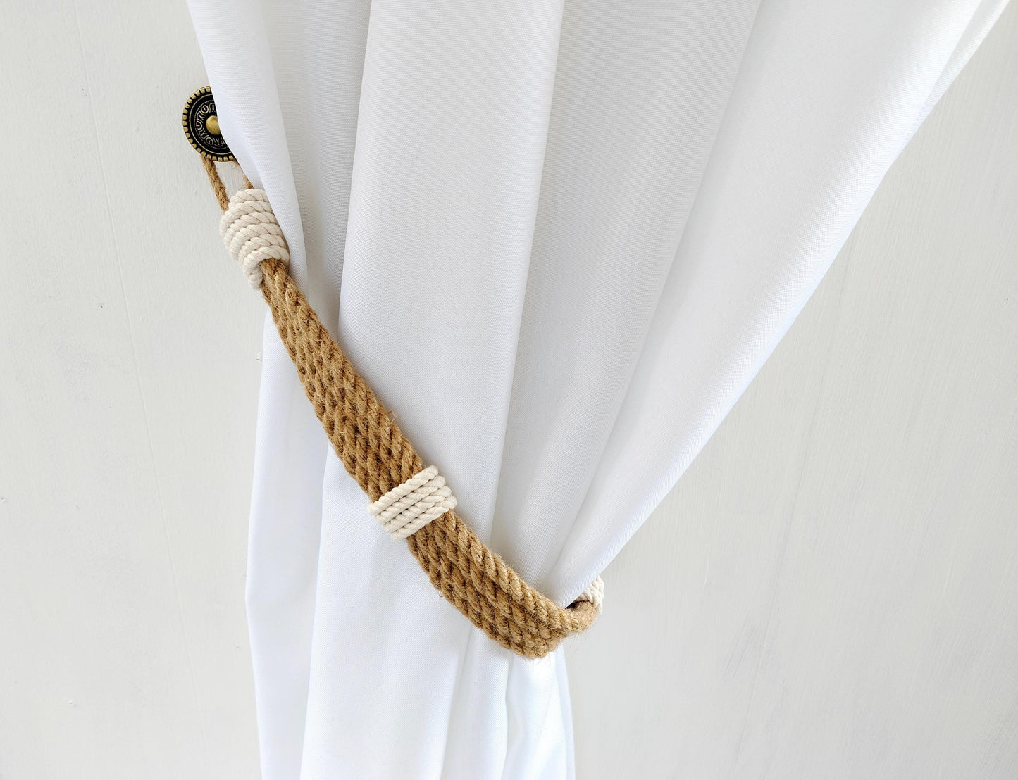 Curtain Tie Backs - Handmade Jute Curtain Holdback with White Wrap