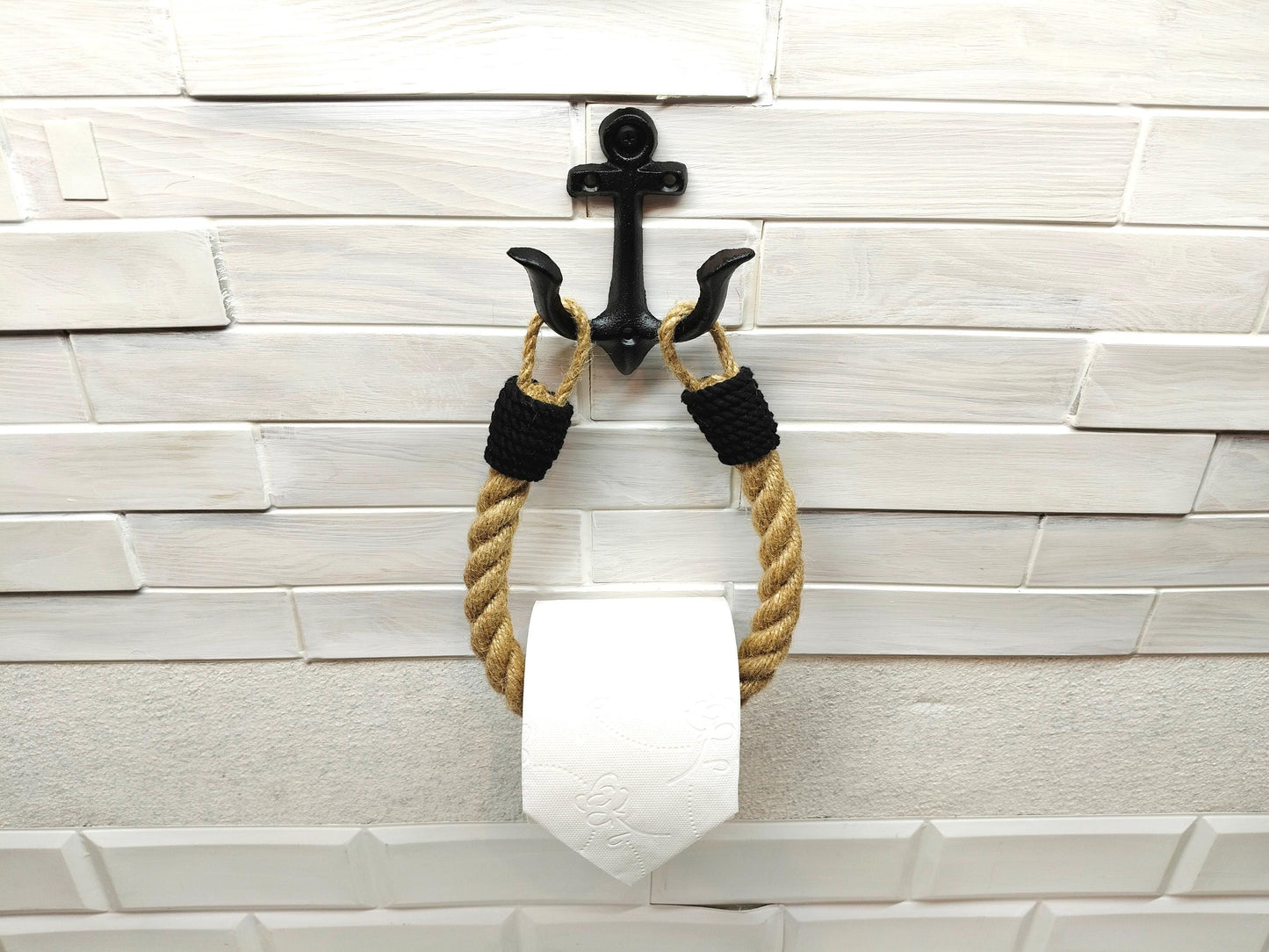 Jute Rope Toilet Paper Holder - Anchor Hook Nautical Wall Mount