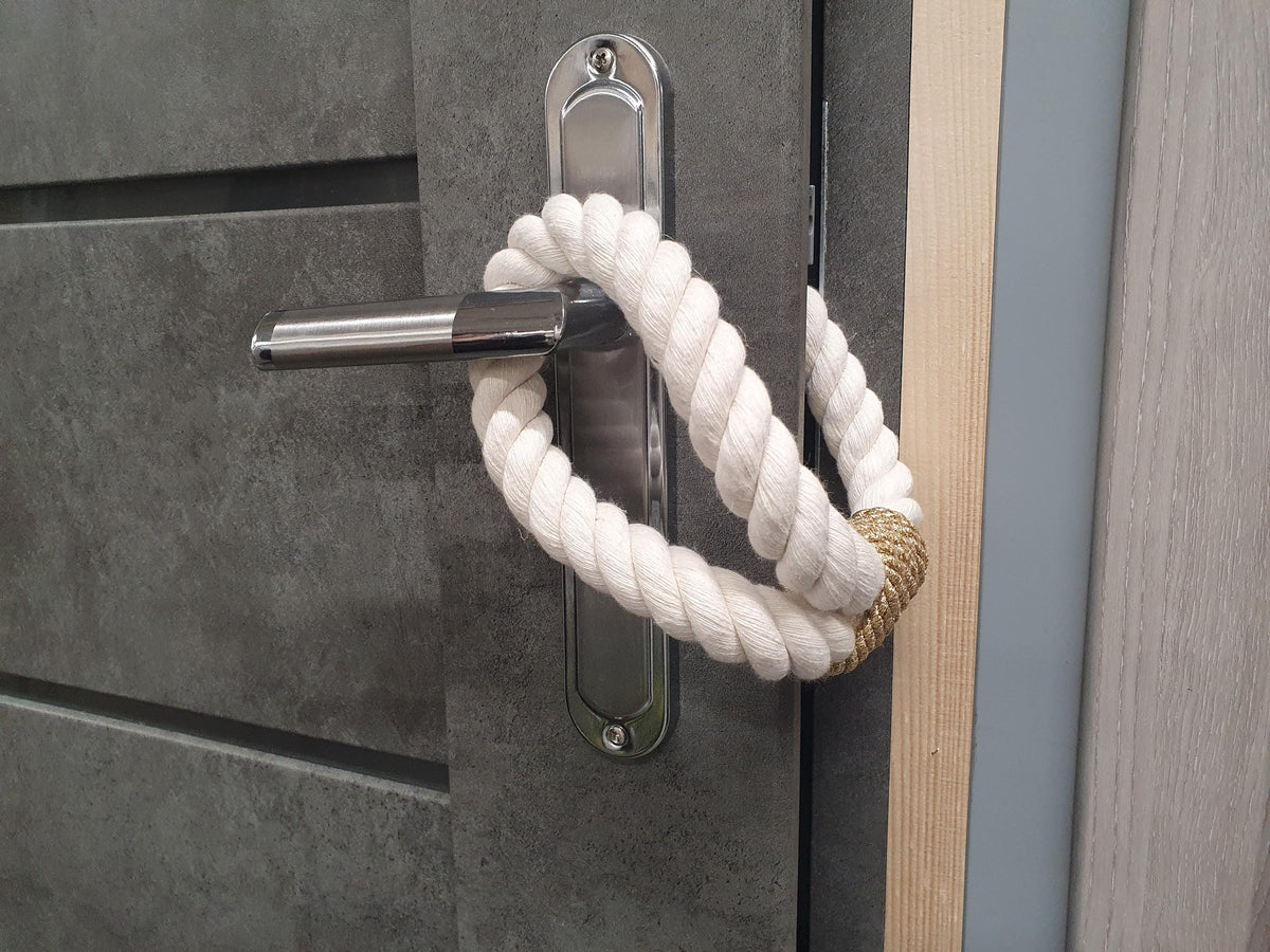 White Cotton Rope Door Stop with Gold Accent