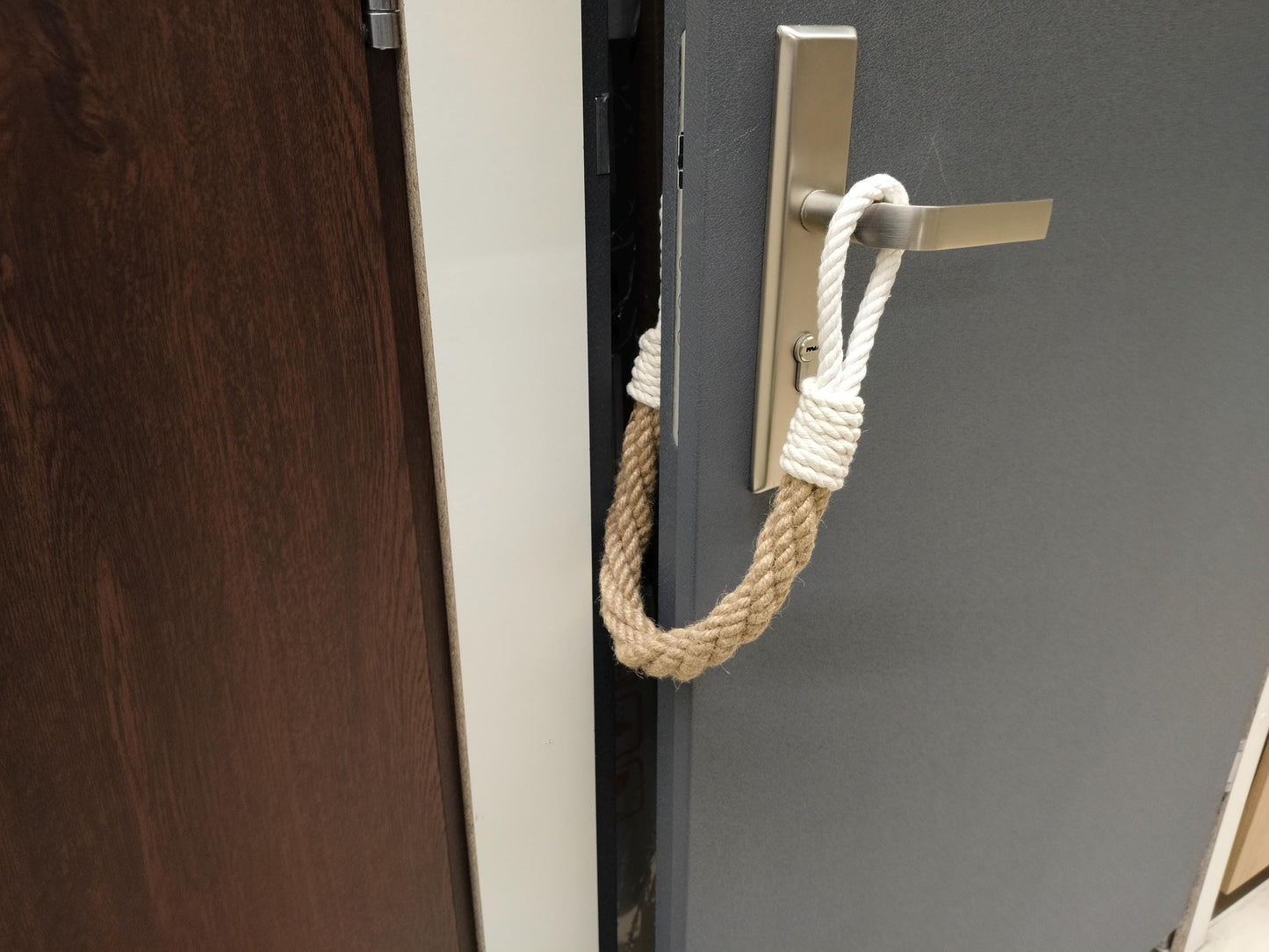 Handmade Jute Rope Door Stopper - White Loops Nautical Weighted Doorstop