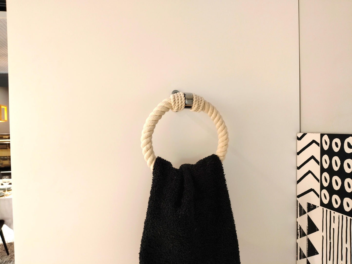Handmade Round Rope Towel Ring - White Cotton & Chrome Wall Mount