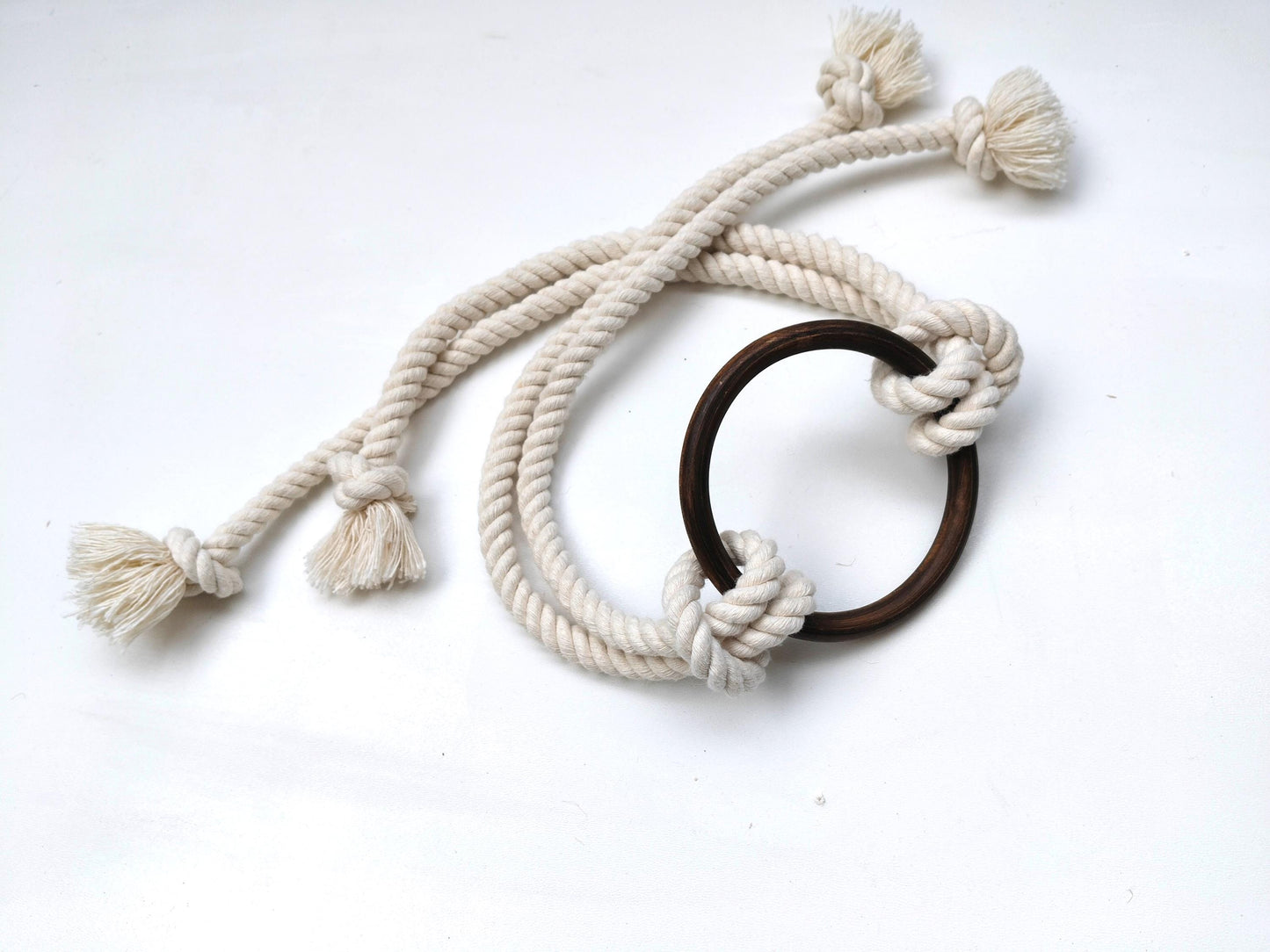 White Cotton Rope Curtain Tieback - Dark Wooden Ring Boho Holdback
