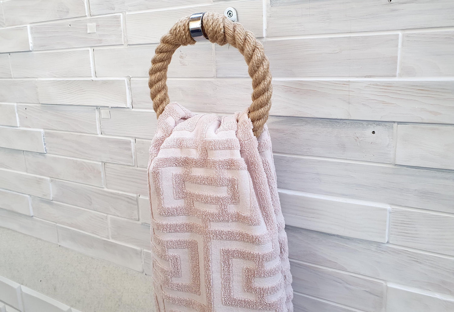 Handmade Jute Rope Towel Ring - Chrome Hardware Bathroom Holder