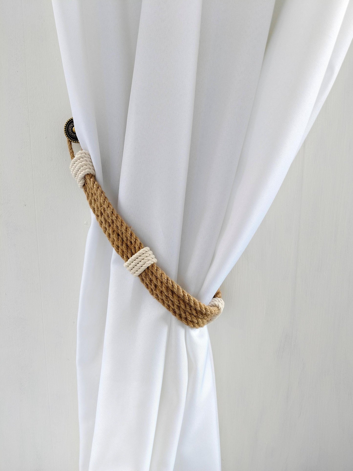 Curtain Tie Backs - Handmade Jute Curtain Holdback with White Wrap