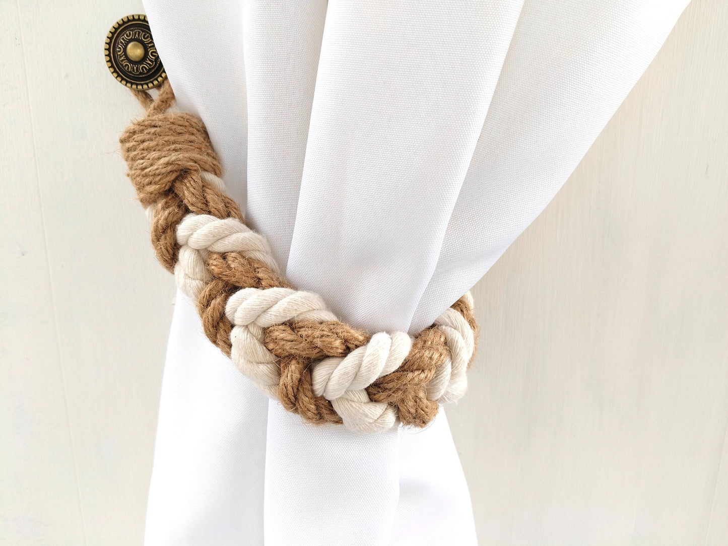 Handmade Jute Curtain Tieback - White Rope Nautical Holdback