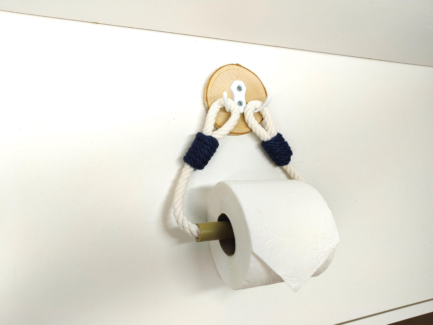 Bamboo & Cotton Rope Toilet Paper Holder - Metal Hook Wall Mount
